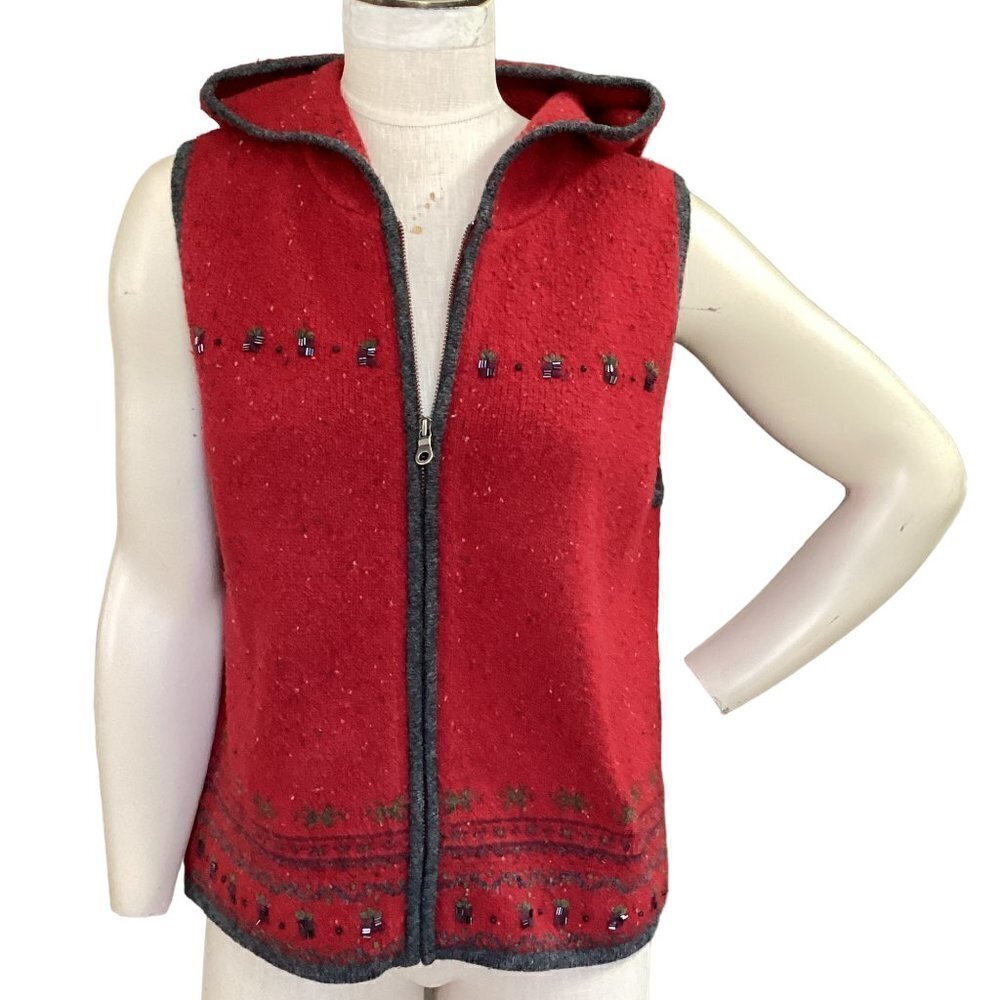Woolrich Beaded Nordic Hooded Zip Vest Lambswool Blend M Red 33R‎